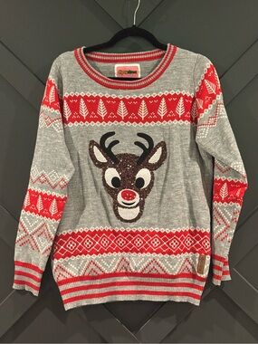 NWOT Tipsy Elves Gray & Red Sequin Reindeer Crewneck Sweater
